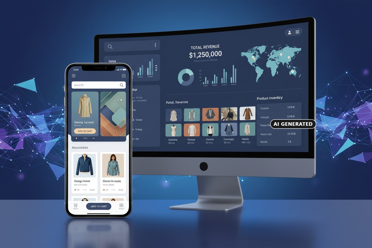 AI Generated: A smartphone and a computer monitor display matching e-commerce dashboards against a dark blue background with abstract geometric graphics.