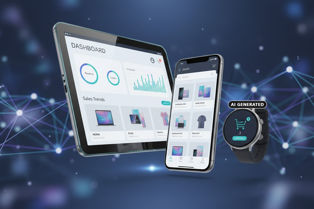 AI Generated: A tablet, smartphone, and smartwatch display connected software dashboards against a digital background.