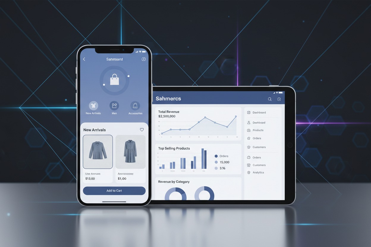 A smartphone and a tablet display an ecommerce app and dashboard against a dark, glowing technological background.